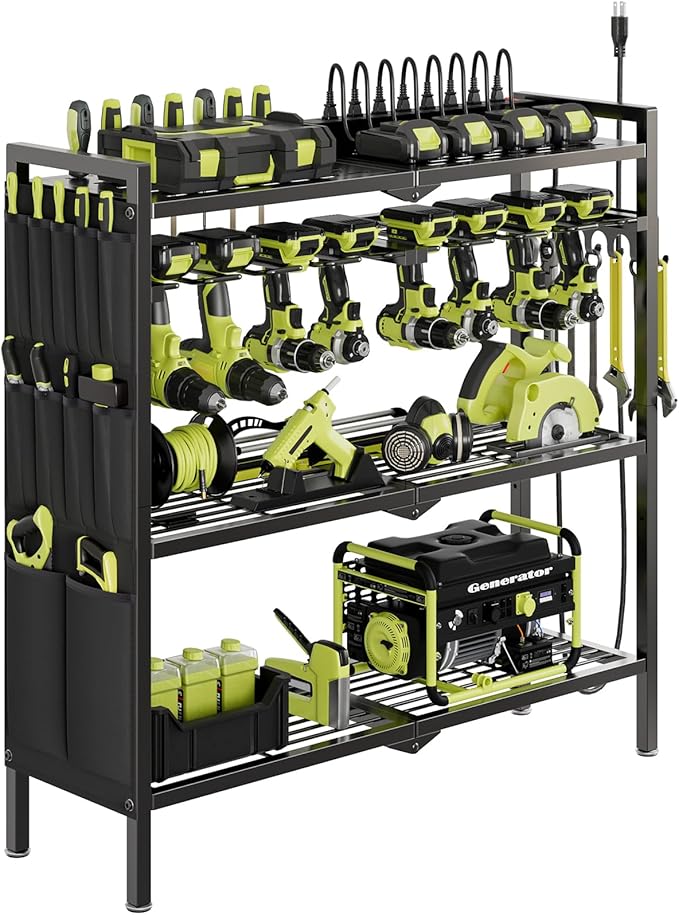 NattyDot Large Power Tool Organizer Cart with Charging Station 8 Drill Holder Garage Storage Standing Heavy Duty and Stability Storage Rack Utility Tool Shelf (Black)