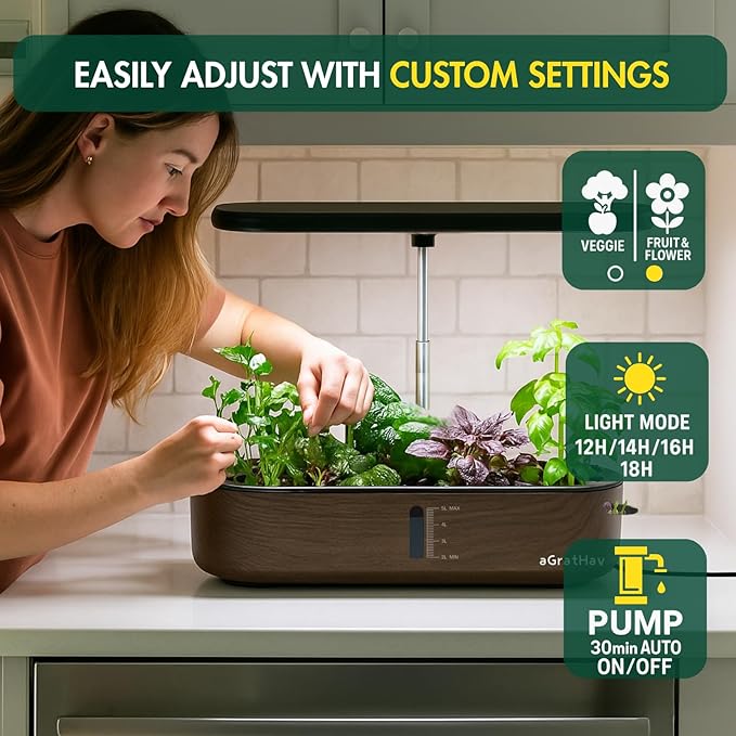 Hydroponics Growing System Kit, Indoor Herb Garden, 14 Pods Upgraded LCD Display, LED Grow Light Quiet Smart Water Pump Automatic Timer, Hydroponic Planter for Home Kitchen Office (Black)