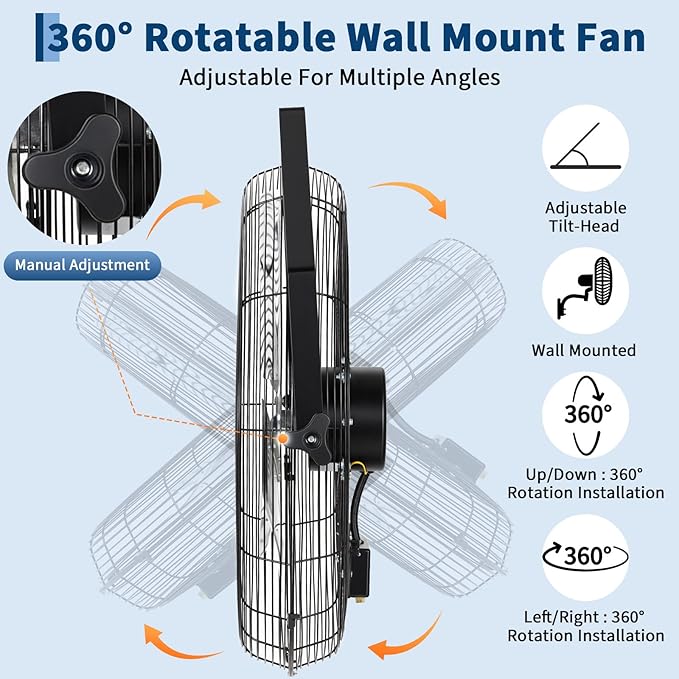 Garvee 20 Inch Wall Mount Fan, 4800 CFM 3 Speeds High Velocity Industrial Fan with 360° Tilt Head, IP44 Waterproof Heavy-Duty Aluminum Blades for Workshop, Warehouse, Greenhouse, Commercial