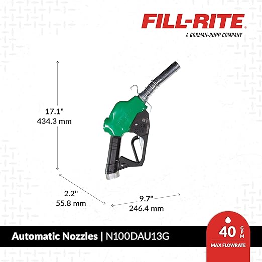 Fill-Rite N100DAU13G 1" 5-40 GPM (19-150 LPM) Ultra High Flow Automatic Nozzle - Compatible with Gasoline, Diesel, Biodiesel up to B20, E15 & Kerosene - Green