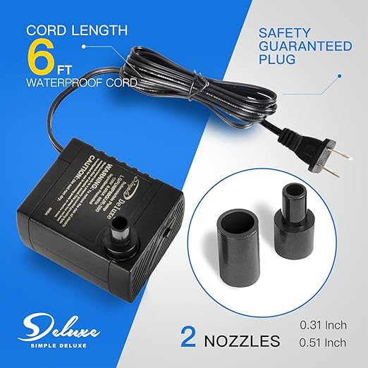 Simple Deluxe 80GPH Submersible Water Pump (300L/H 4W) with 6' Cord and 2 Threaded Nozzles for Fountains, Ponds, Aquariums and Hydroponics, Black, 2 Pack
