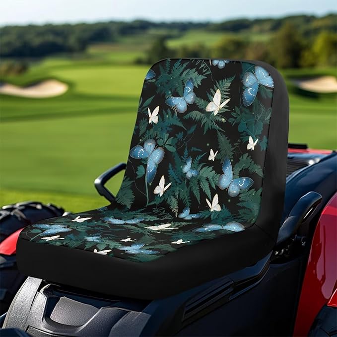 Blue Butterfly Leaf Riding Lawn Mower Cushioned Seat Cover Replacement, Weatherproof Seats Cover with Convenient Pockets