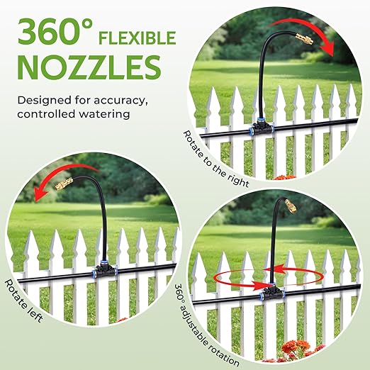 HIRALIY 360° Adjustable Drip Irrigation System 165FT, 1/4" Tubing with Adjustable Copper Nozzles, Automatic Atomizing Watering Kit for Garden, Yard, Lawn, Greenhouse & Potted Plants