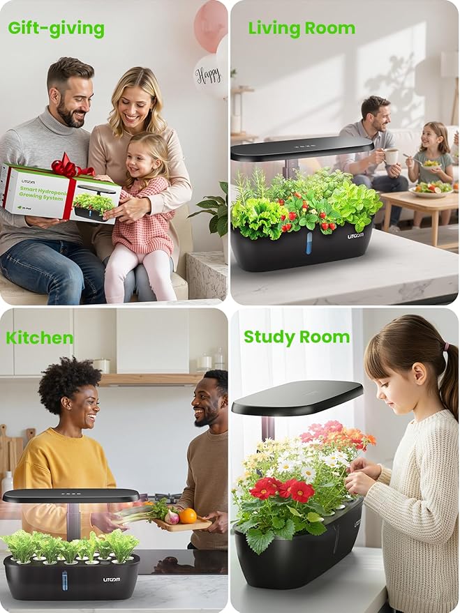 litokam Hydroponics Growing System Kit, 15-Pod Indoor Herb Garden Planter with 24W Grow Light & APP Control, Indoor Gardening System with 2 Grow Modes, Quiet Pump & 24H Timer