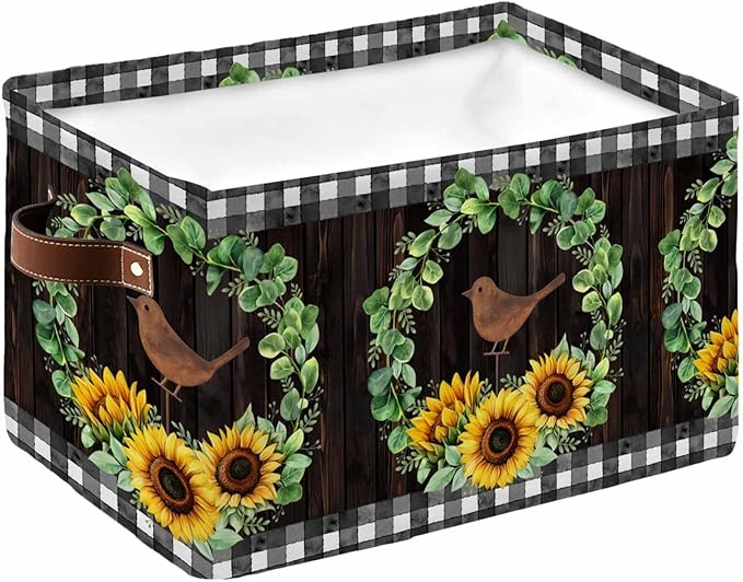 Spring Eucalyptus Sunflower Storage Bins Cubes Waterproof Cloth Storage Basket,Farmhouse Birds Brown Wood Foldable Storage Bags for Shelf Clothes Storages Organizers with Handles 15x11x9.5 in 1PCS