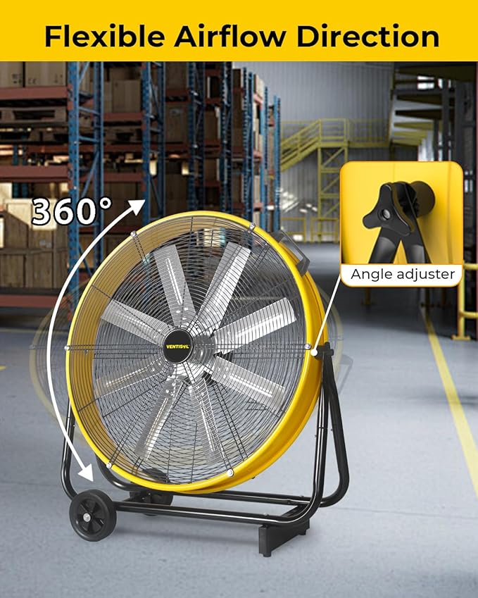 VENTISOL 24 Inch Industrial Floor Fan, 3-Speed High Velocity Shop Fan with 8 Blades, Heavy Duty Drum Fan 9500 CFM, Large Metal Garage Fans for Warehouse, Outdoor, Commercial