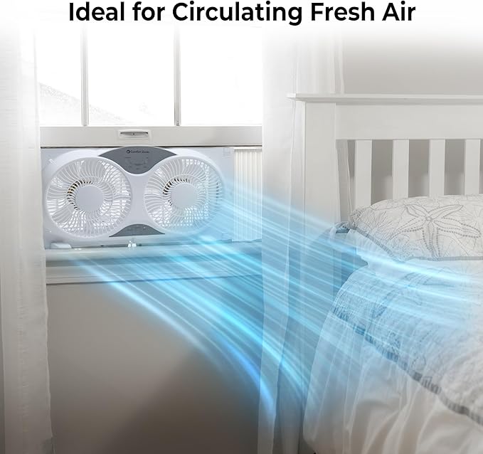 Comfort Zone Window Fan for Bedroom, 9 inch 3 Speed Dual Fans with Auto-Locking Expanders, 3 Modes (Cool, Circulate, Exhaust), Remote Control, Fabric Cover plus Bug Screen, White