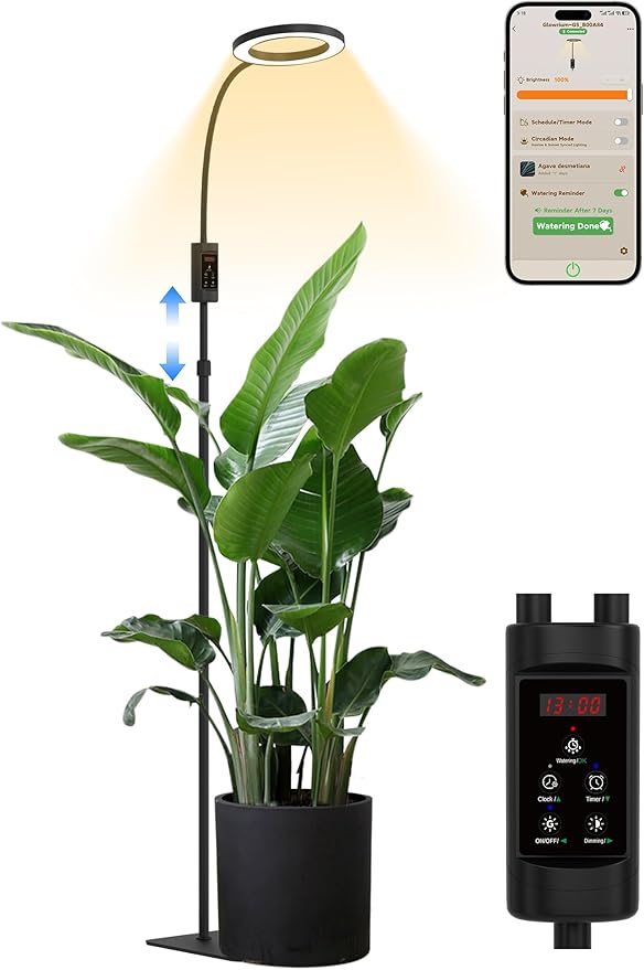 GLOWRIUM Smart Grow Lights for Indoor Plants, 24W Full Spectrum Plant Lights with Bluetooth App, Adjustable Height 47-70.9", Auto Timer, Indoor Plant Lamp for Large Tall Plants（Black 24W）