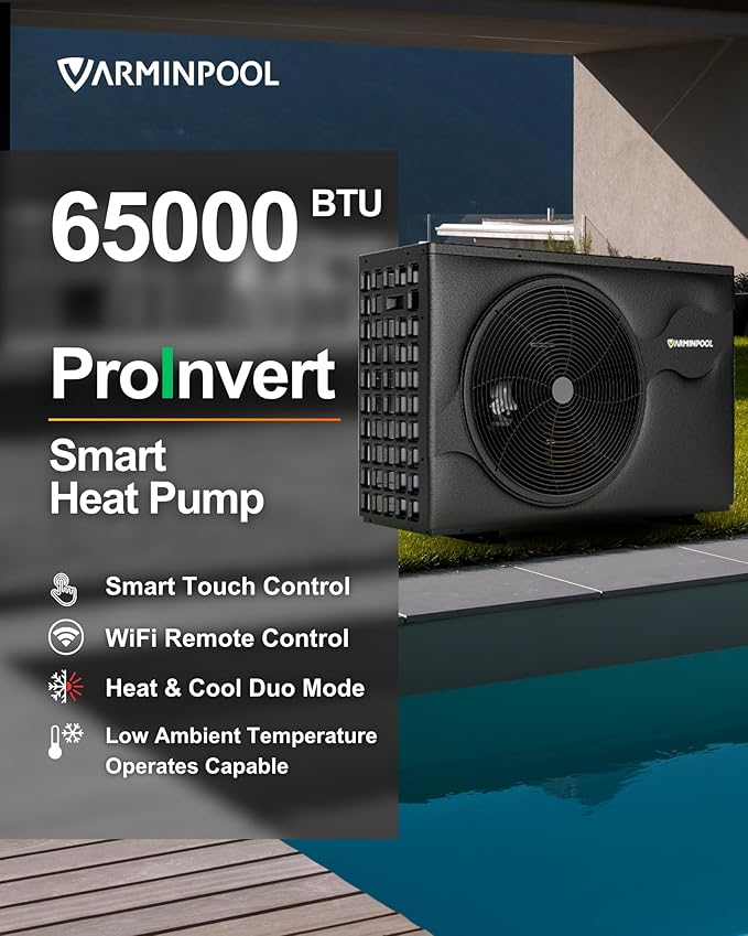 Pro Invert 65000BTU Electric Pool Heat Pump for 20,000 Gallon Above and Inground Pools, Inverter Smart Electric Pool Heater with WiFi, Timer Function, Heating & Cooling Modes, 220V, V18 Pro