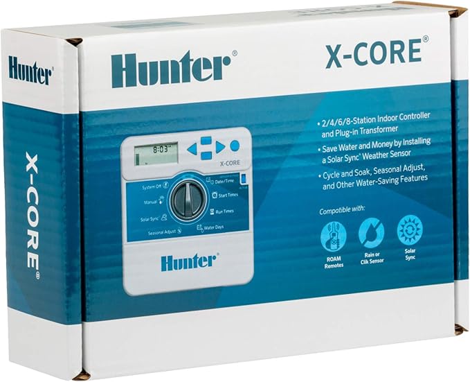 Hunter X-Core XC400i Indoor Sprinkler Timer, 4 Zone Irrigation Controller, Easy Programming, Sprinkler System Timer for Yard and Garden, Manual and Seasonal Adjust, No WiFi Needed