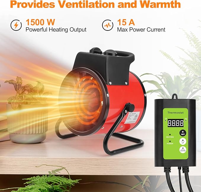Greenhouse Heater with Digital Thermostat - 1500W Portable Outdoor Heaters for Green House, Fast Heating, Overheat Protection, Space Heaters for Greenhouse, Grow Tent Heater (Red)