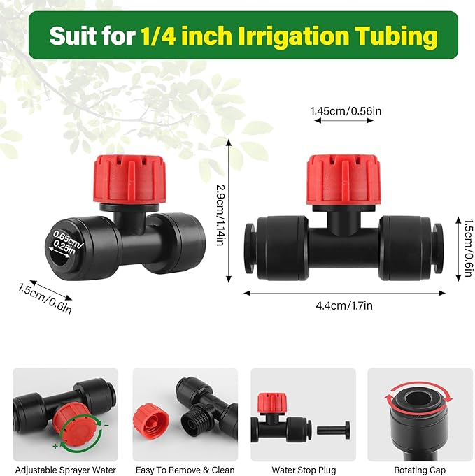Kalolary 30Pcs Push-to-Fit Drip Irrigation Emitters for 1/4 inch Tubing, Adjustable Drip Emitter Sprayer with 8 Holes Irrigation Dripper Sprinklers with 6PCS End Plugs for Irrigation System(Red)