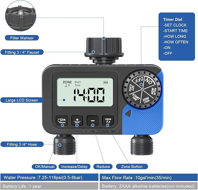 Sprinkler Timer Water Timer for Garden Hose, Sprinkler Timers 2 Zone, Smart Programmable Watering Timer with Auto/Manual/Rain Delay Modes