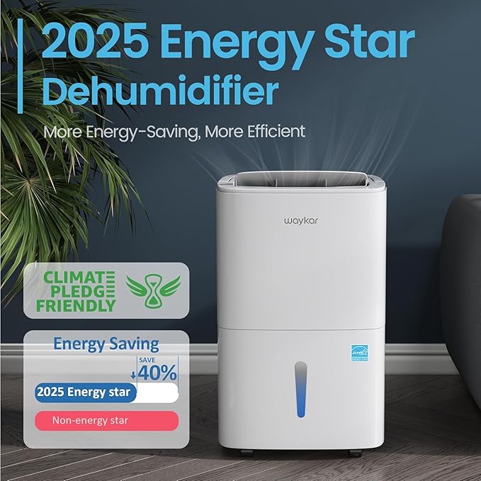 Waykar 5,500 Sq. Ft. 80 Pints 2025 Energy Star Dehumidifier for Home and Basement with Auto or Manual Drainage, Ideal for Large Rooms, Portable, Auto Defrost and Self-Drying