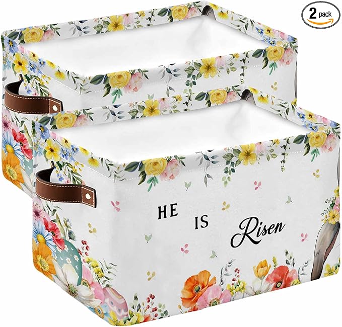 Easter Storage Bins Cubes Waterproof Cloth Storage Basket,Easter Bunny Spring Watercolor He Is Risen Flowers Foldable Storage Bags for Shelf Clothes Storages Organizers with Handles 15x11x9.5 in 2PCS