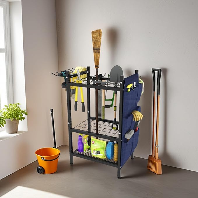 Garden Tool Organizer Rack, Heavy Duty Metal Yard Tool Stand for Garage, Shed, Outdoor, Holds Up to 50 Long-Handled Tools, Rakes, Brooms, Shovels, 3-Tier Utility Storage with Hooks, Black