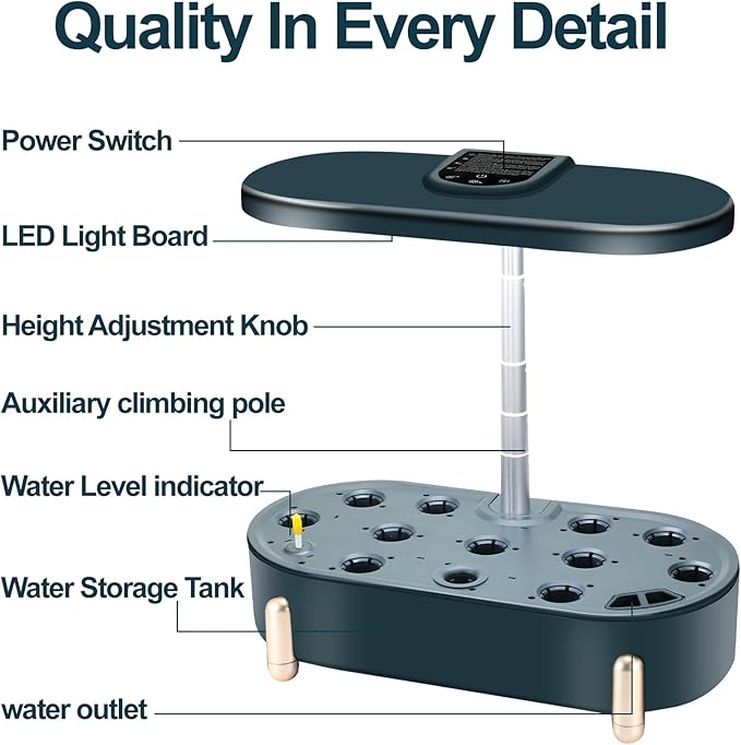Indoor Garden Hydroponics Growing System12 Pods Plant Germination Kit Aeroponic Herb Vegetable Growth Lamp Countertop with LED Grow Light Hydrophonic Planter Grower Automatic Water Circulation (Green)