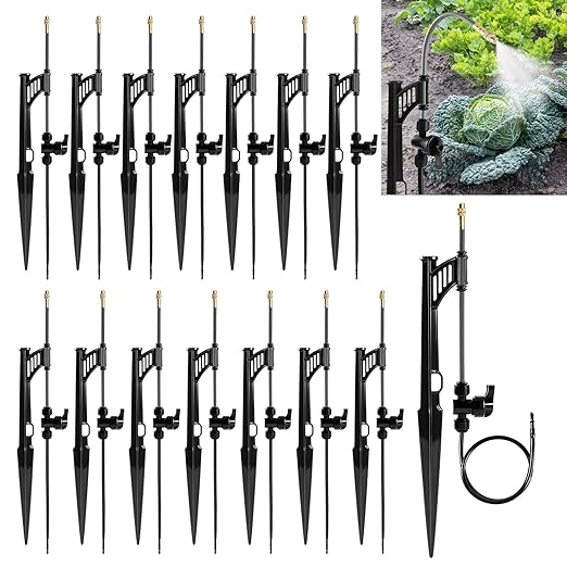 15 Sets 360° Adjustable Irrigation Misting Heads with Stake Micro Spray Emitters with 1/4" Irrigation Tubing on Riser Stake,Automatic Atomizing Sprinkler Stake Assembly for Garden Watering System