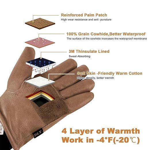 DLY Winter Work Gloves for Men, Insulated, Puncture and Abrasion Resistant, Cowhide Leather with Warm Thinsulate Lining for Cold Weather, Medium, Brown, New