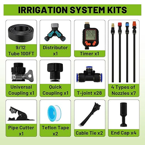 100FT Drip Irrigation Kit - 28 Adjustable 360° Nozzles & T-Connectors for Garden, Lawn & Plant Watering System