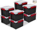 Sterilite 8 Pack Gasket Box, Stackable Plastic 8.5 Gallon Storage Container with Lids, Black - Waterproof and Dustproof Tote for Home Organization