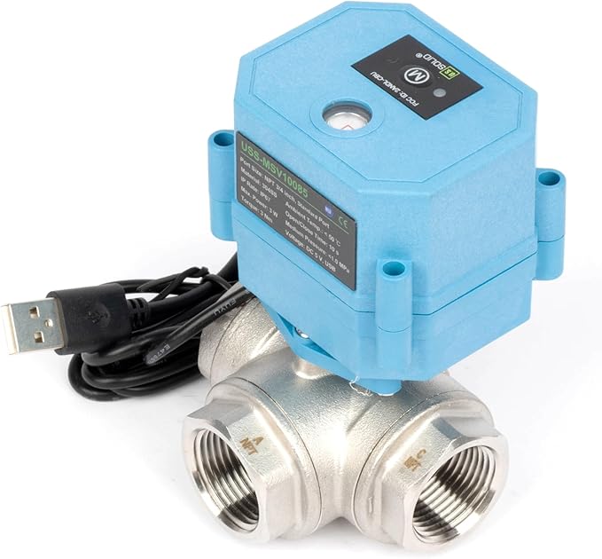 U.S. Solid WiFi Smart Motorized Ball Valve 3/4 inch NPT for Water Control & Irrigation, 3 Way 304SS Electric Valve, USB Plug, LED Indicator, Flow Direction Window, Remote On/Off Control, NSF Certified