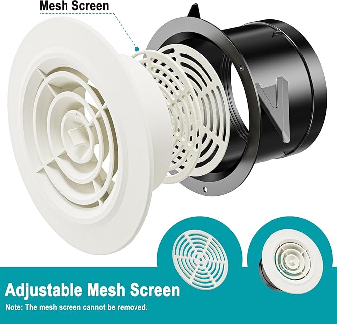 4 Inch Round Air Vent, HG Power Adjustable ABS Vent Cover, White Louver Grille Vent Fit for Bathroom, Office, Kitchen, Ventilation Use - Opening Size 3.74"
