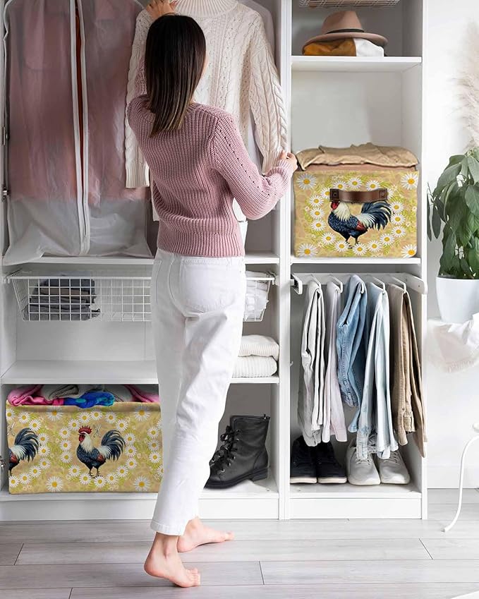 Spring Floral Rooster Storage Bins Cubes Waterproof Cloth Storage Basket,Farmhouse Flowers Elegant Botanical Foldable Storage Bags for Shelf Clothes Storages Organizers with Handles 15x11x9.5 in 2PCS