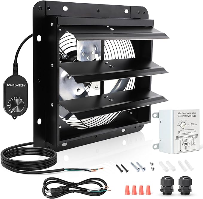 Shutter Exhaust Fan with Thermostat & Speed Control, 576 CFM,1700RPM, Upgrade 7 inch Wall Mount Attic Vent Fan for Chicken Coops, Greenhouse, Barn, Garage, Shed Ventilator