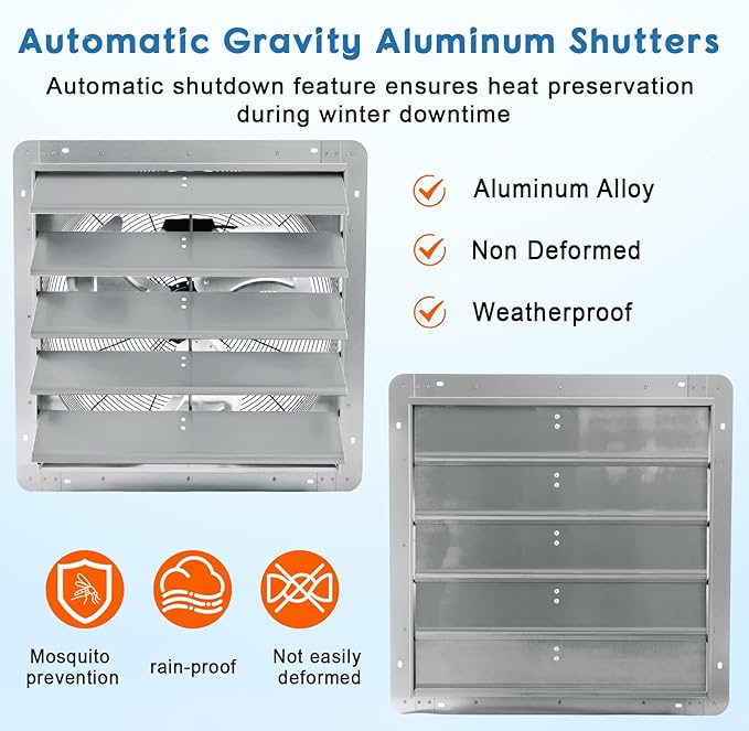 24" Wall Mounted Shutter Exhaust Fan, 3500 CFM Aluminum Blades, 1500 RPM High Speed Low Noise, Automatic Shutter Attic Fan with Exhaust and Intake for Home Attic Garage Greenhouse Shed Basement