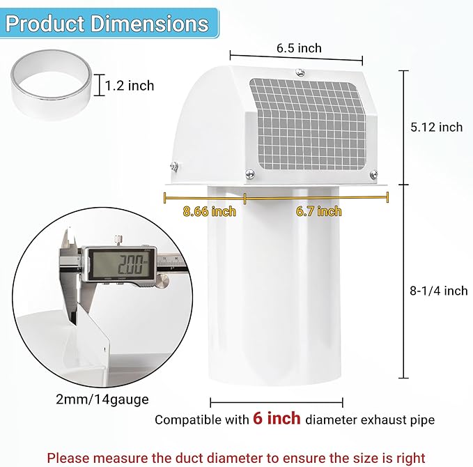 Neoaider 6 Inch Hooded Wall Vent Cover with Screen and Damper, 14GA/2MM Thick Heavy-Duty Steel Vent Covers for Wall, Vent Cover for Dryer Ventilation and Outdoor Air Exhaust, White
