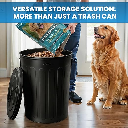 Plexon 20 Gallon Metal Trash Can with Lid Outdoor Large Trash Bin Steel Garbage Can for Garage Patio Farmhouse Bucket Bird Seed Storage Can Heavy Duty Round Container, Black