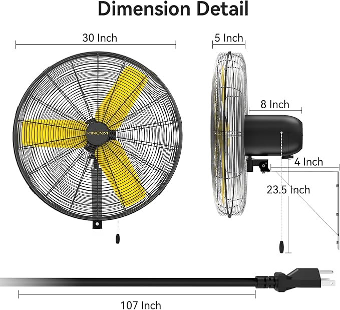 VINICAYA 30 Inch Industrial Wall Mount Fan Oscillating, 8900 CFM Commercial Metal Wall Fans with Poweful Motor, 3 Speed, Heavy Duty Construction Indoor for Warehouse, Workshops, and Garage, UL Listed