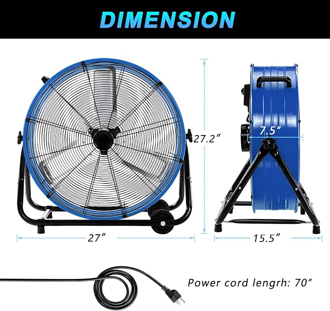 WARMLREC 24" Industrial Floor Fan, 8900 CFM High Velocity Drum Fan with 3 Speeds, Portable Heavy Duty Industrial Fan for Warehouse, Workshop, Factory, Commercial, Residential and Greenhouse Blue