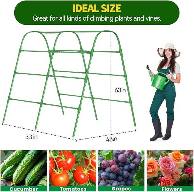 63" Tall Garden Trellis for Raised Bed Metal U-Frame Arch Tunnel Tomato Cage Plant Stakes Support with Garden Netting for Cucumber,Grapes,Peas, Zucchini,Vine,Bean,Flowers