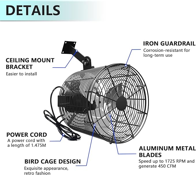 Greenhouse Air Circulation Fan 1/80 HP 115V Ceiling Wall Mount High Speed Circulation Fan for Greenhouse, Warehouse, Patio, Garage 450CFM, ETL Listed