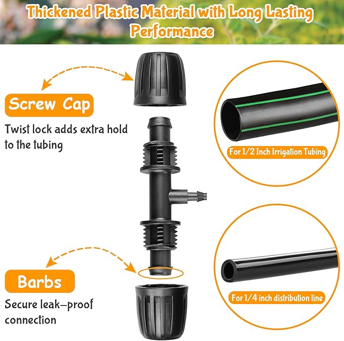Gardrip Drip Irrigation Fittings for 1/2 Inch to 1/4 Inch Tubing Reducing Tee：1/2" (1/2" ID x 0.65" OD) to 1/4" Drip Line Anti-drop Locked Nut Barbed Reducer Tee Connectors (12 Pack)