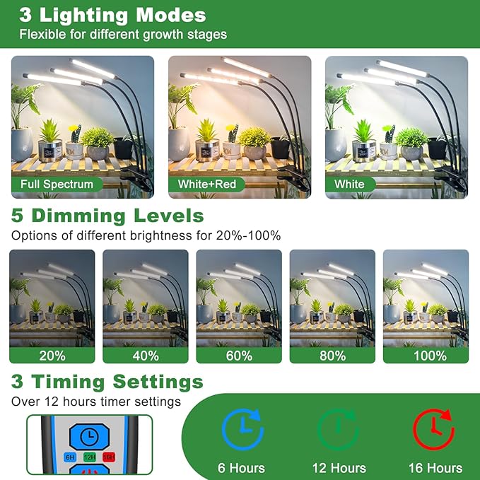 wolezek Grow Lights for Indoor Plants, 2 Pack 6000K Full Spectrum Plant Lights Indoor, White LED Plant Growing Lamp with Auto ON & Off Timer 6/12/16H, 3 Modes, 5-Level Dimmable Brightness