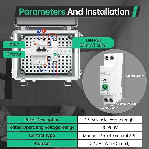 1-16A TUYA Smart WiFi Circuit Breaker, 90-300V Wide Voltage, Smart Life/Tuya APP Remote Control, Timer Functions, Overload & Short-Circuit Protection, Compatible for Alexa Google Home, DIN Rail