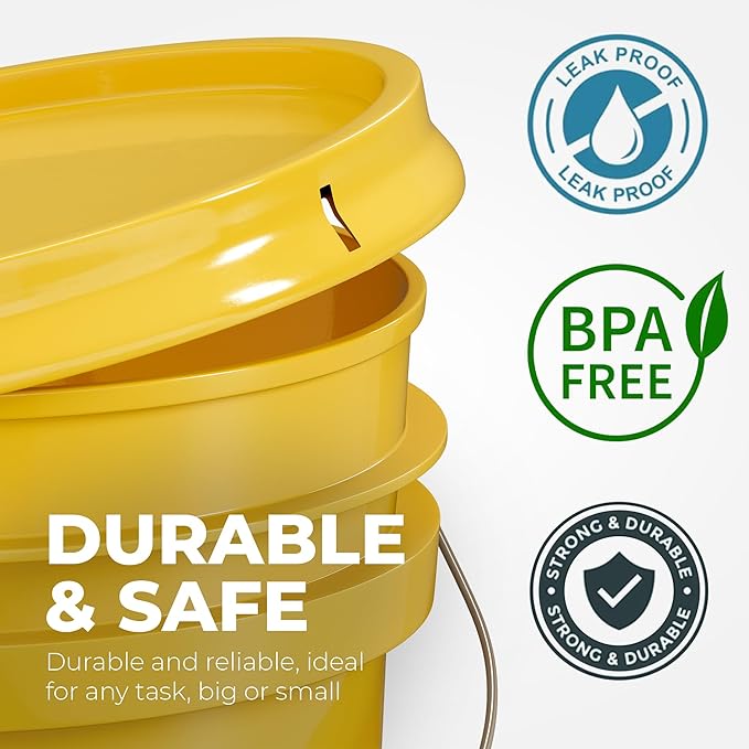 EconoHome 5-Gallon Yellow Bucket Pail Container with Lid | Metal Handles with Plastic Grip for Easy Carrying | Easy Stack and Store | Heavy-Duty Extra Durable | Food Grade | BPA Free - 5 Pack
