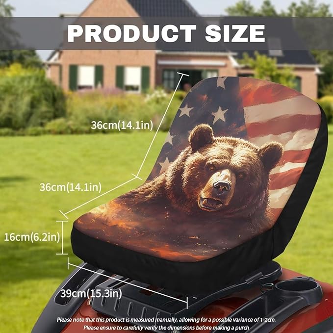 Bear and American Flag Tractor Seat Cover, Heavy-Duty Waterproof Lawn Mower Seat Cover with Pockets, Universal Fit Riding Lawn Mower Cover, Tractor Accessories