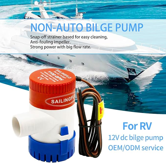 12V Bilge Pump-1100 GPH,1-1/8“(29mm) Outlet,Non-Automatic Submersible Marine Water Pump for Boat, Rvs,Pond