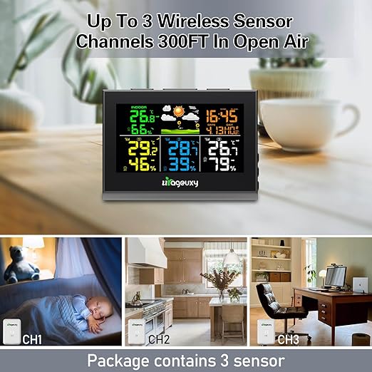 Urageuxy Weather Station Wireless Indoor Outdoor Thermometer, Digital Weather Thermometer Humidity with 3 Remote Sensors, Weather Forecast, Time, Adjustable Backlight