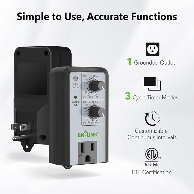 BN-LINK Short Period Repeat Cycle Intermittent Timer, Interval Timer - Day, Night, or 24 Hour Operation, Photocell Light Sensor Dusk to Dawn for Hydroponics Aquaponics Aeroponics