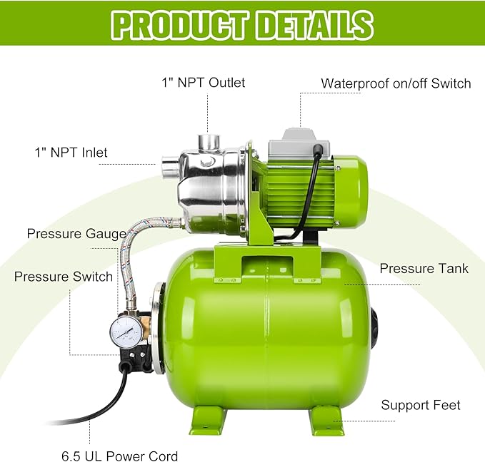 1.6HP Shallow Well Pump with Pressure Tank, 115V, Stainless Steel Irrigation, Automatic Water Booster Jet Pump for Home, Garden, and Lawn Use – Reliable Water Supply Solution