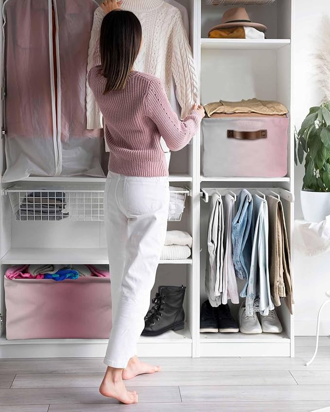 Pink Grey Ombre Storage Bins Cubes Waterproof Cloth Storage Basket, Farmhouse Gradient Minimalist Foldable Storage Bags for Shelf Closet Clothes Storages Organizers with Handles 15x11x9.5 in 1PCS
