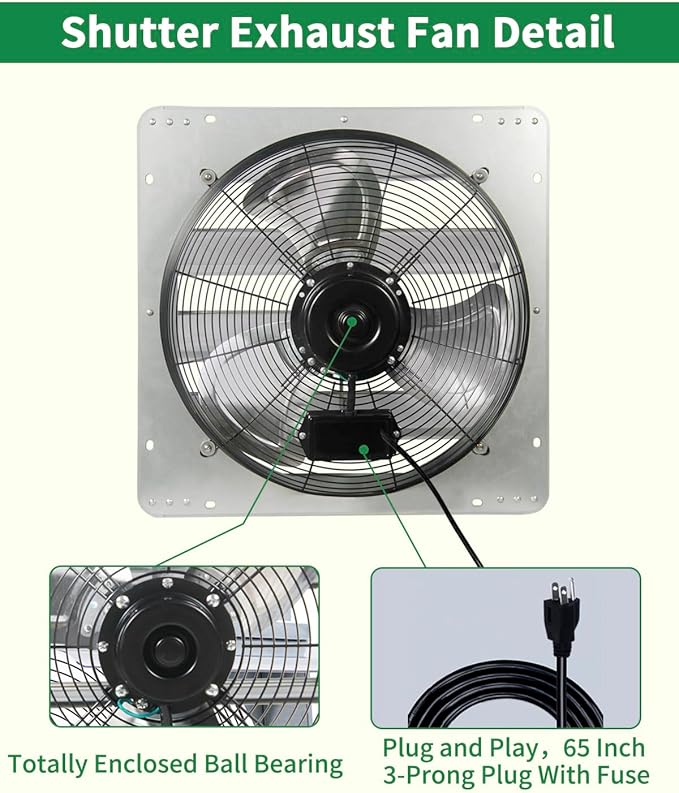 18 Inch Shutter Exhaust Fan, Vent Fan with Power Cord Wall-Mount, High Speed 1520CFM for Garages, Attic, Shops, Greenhouse