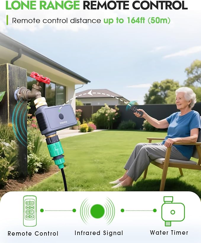 Insoma Remote Control Sprinkler Timer with Brass Inlet & Outlet, Garden Hose Timer Turns Water Off Automatically, Up to 120 Minutes of Run Time, for Faucet, Lawn, Drip, Soaker Hose, IP55 Waterproof