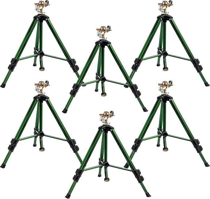 Hourleey Impact Sprinkler on Tripod Base, 6 Pack Heavy Duty Sprinklers for Lawn Yard Garden, 0-360 Degree Large Area Coverage, 3/4 Inch Connector Extension Legs Flip Locks with Brass Head