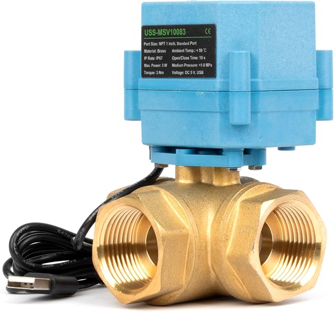 U.S. Solid WiFi Smart Motorized Ball Valve 1 inch NPT for Water Control & Irrigation, 3 Way Brass Electric Valve, USB Powered, LED Status Indicator, Flow Direction Window, Remote On/Off Control